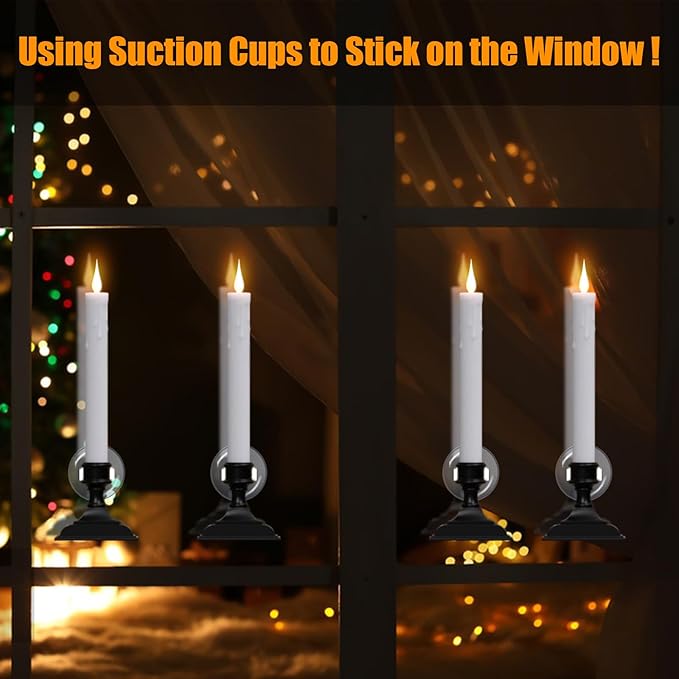 DRomance Flameless Window Candles with Remote Timer, 4 Pack White LED Flickering, Dripping Wax Effect, Suction Cups Included