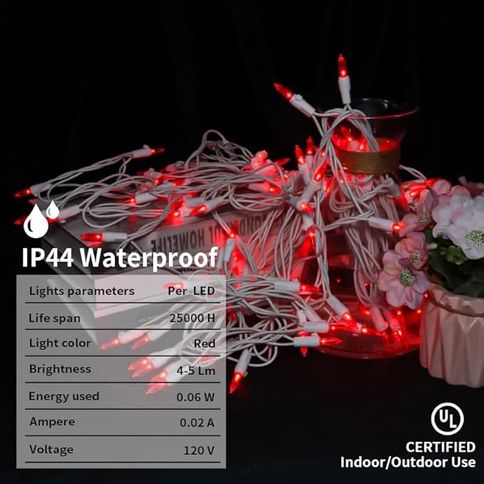 Red LED Christmas Lights - 100 Count Red Christmas String Lights for Tree, Party, Bedroom, Wedding, Indoor and Outdoor Valentines Day Decorations, 33 Feet White Wire, UL Certified, Connectable