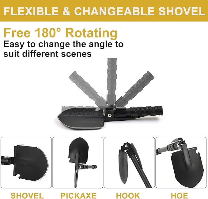 Folding Shovel, (24.21'') Camping Shovel, Survival Off Road E Tool Shovel, with Pickaxe, Portable Bag, High Carbon Steel, for Digging, Backpacking, Hiking, Gardening, Emergency, Outdoor