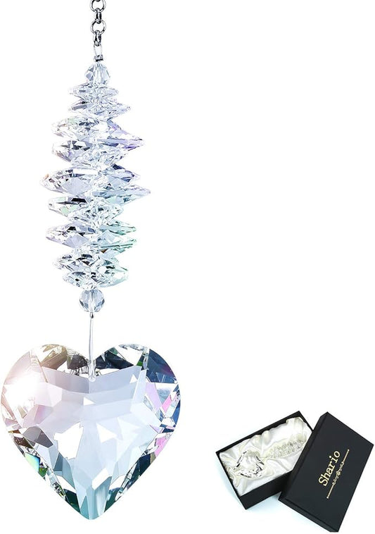 Shario 45mm Clear Glass Heart Crystal Ball Prism Pendant, Suncatcher for Windows, Outdoor Garden Hanging Décor, Gifts for Women, Mom