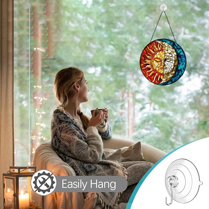 Sun and Moon Stained Glass Suncatchers for Windows Hanging - Celestial Decor Sun Catchers Valentines Day Gifts for Him Her - Handmade Wall Art Home Garden Stain Glass Window Suncatcher with Hooks