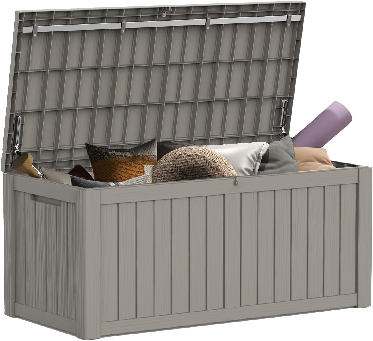 Mars Villa 119 Gallon Outdoor Storage Box Waterproof, Large Resin Deck Box for Pool Supplies Storage, Outdoor Patio Furniture Cushions, with Hydraulic Hinge, UV-Resistant and Weatherproof, Greige
