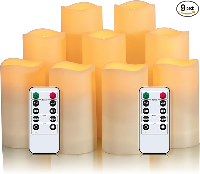Metaku Flameless Flickering Candles Battery Operated LED Candles Set of 9 Ivory with Remote & Timer for Halloween, Christmas, Bedroom, Home, Wedding, Birthday Decoration D2.2'' x H4''5''6''