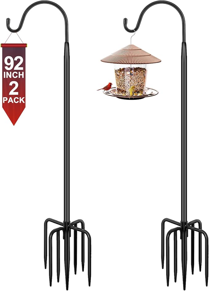 Gtongoko 92 Inch 2 Pack Bird Feeder Poles for Outdoors Heavy Duty, Shepherds Hooks for Outdoor, Hummingbird Feeder Stand, Adjustable Hanger for Plant, Lights, Lanterns Wedding Decor with 7 Prongs Base