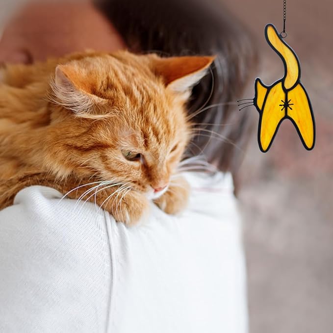 Orange Cat Stained Glass Suncatcher for Window,Funny Cute Cat Decor Stained Glass Window Hanging,Cat Gifts for Cat Lovers,Cat Themed Gifts for Women Friends Girl Kids