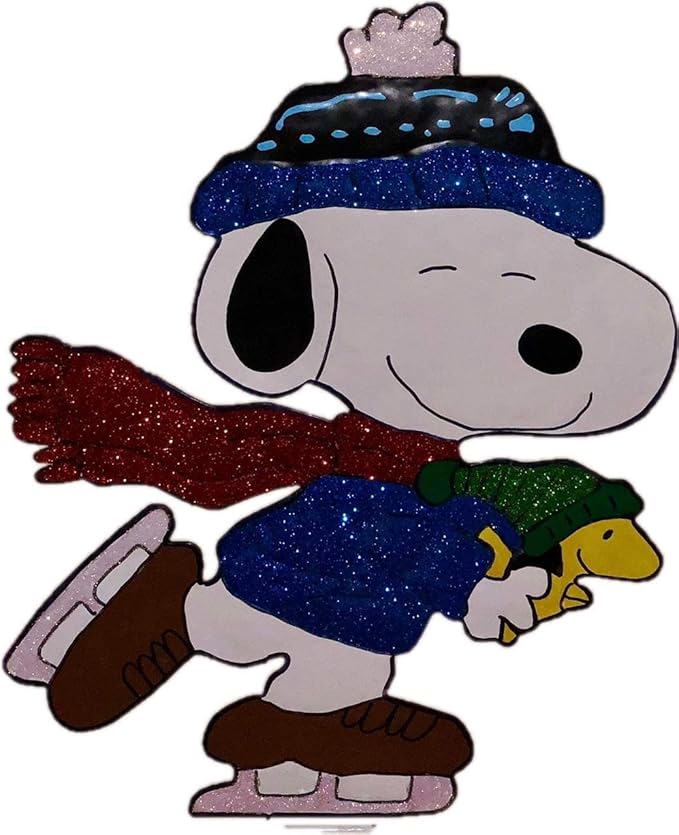 Peanuts Gang Around The Tree Christmas Yard Art Outdoor Christmas Decor Hammered Metal (18'' Peanuts Snoopy Ice Skating with Woodstock), Multicolor, 18'' wide x 32'' high