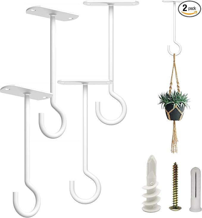 NACETURE Ceiling Hooks for Hanging Plants 4 Pack - Square Wall Mount Plant Hanger Indoor Hanging Hooks Metal Plant Bracket Iron Lanterns Hangers for Wind Chimes, Planters (5" White 4 Pack)