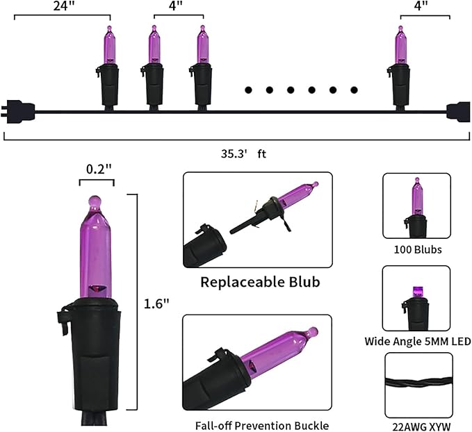 MULTI-SPARKING Purple LED Halloween Lights - 100 Count Purple Christmas String Lights for Tree, Party, Holiday, Indoor and Outdoor Halloween Decorations, 33 Feet Black Wire, UL Certified, Connectable
