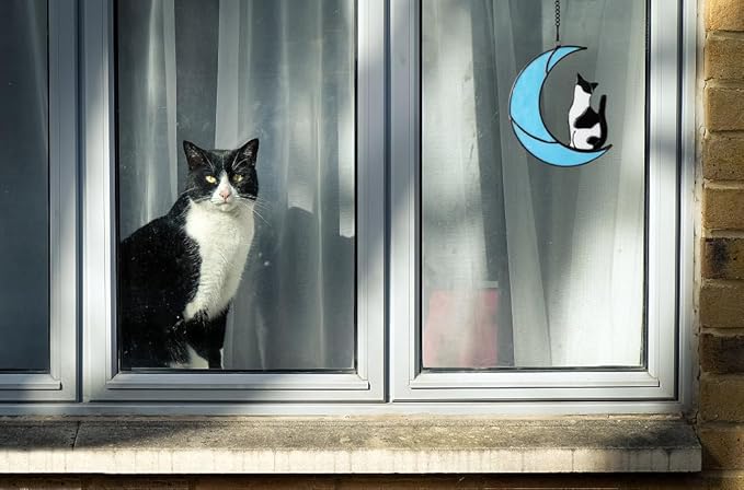 Black and White Cat Gifts，Cat Loss Sympathy Gift，Cat Memorial Gifts for Loss of Cat，Tuxedo cat Gifts，Cat Suncatcher，Stained Glass Cat Window Hanging