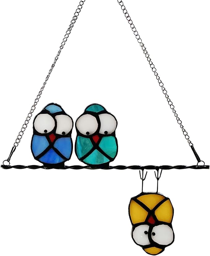 Multicolor Owl on a Wire Stained Glass Window Hanging, Bird Suncatcher for Windows Panels Hangings Hummingbird Ornament Decoration for Wall Home Garden Decor Bird Owl Gift for Owl Lovers