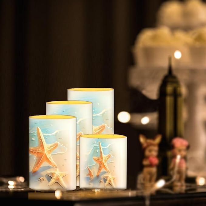 Flameless Candles Battery Powered LED Pillar Candle Tealights with Remote Timer Color Changing Control for Indoor Outdoor Coastal Home Decor Set of 4, Beach Starfish Blue