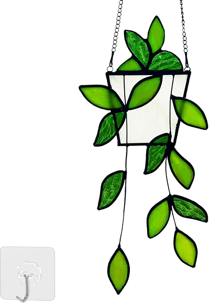 Royxen Stained Glass Window Hanging Green Plants Artificial Deocr Faux Plant Suncatchers, Gift for Plant Lover