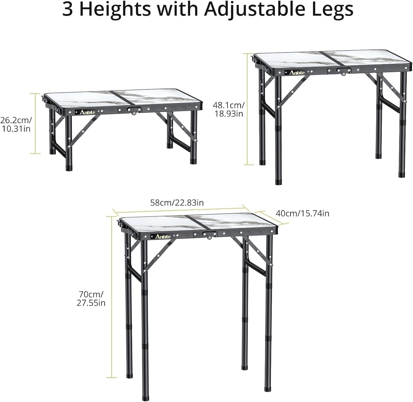 Folding Camping Table with Storage Net, 3 Adjustable Height Max 27.5" Aluminum Small Folding Table, Portable Table with Carry Handle, Lightweight, for Outdoor Indoor Travel Camping Picnic