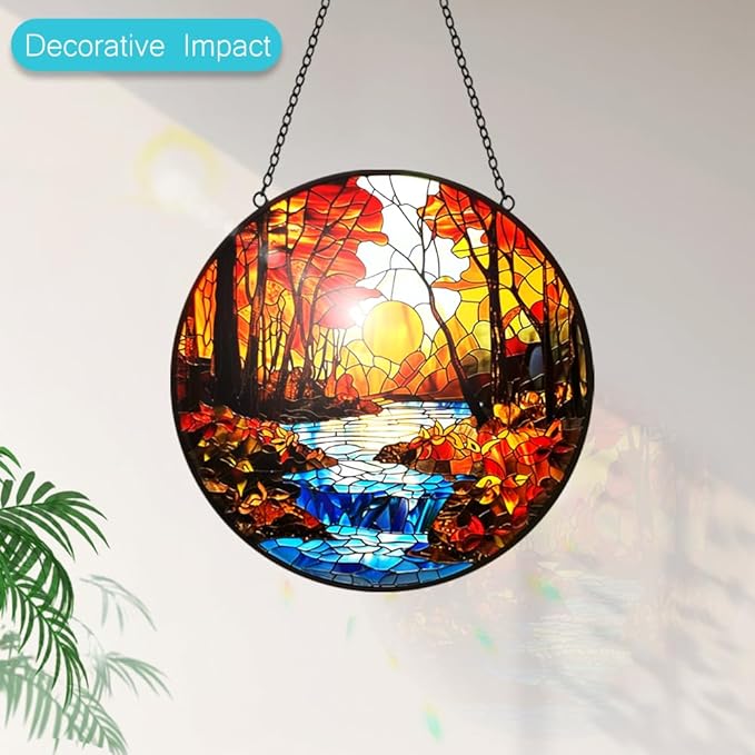 Sunset Suncatcher Stained Glass Window Hanging - Sun Catchers Indoor Window Decorations with Tree and River - Sunset Scenery Window hangings with Hooks - Valentines Day Gifts for Him Her Women Men