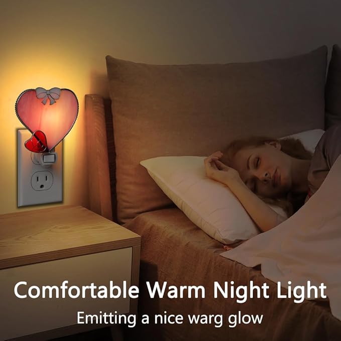 KY&BOSAM Plug in Pink Heart Night Light Stained Glass Nightlight Decorative Wall Night lights with On/Off Switch Come with 7 Watt Bulb Mother`s Christmas Valentine`s Holiday Spring & Winter Home Decor