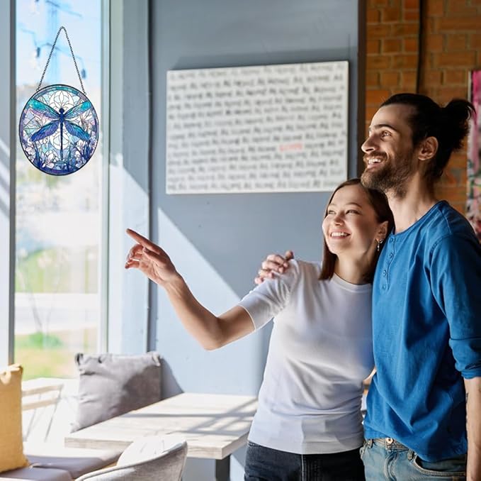 Dragonfly Decor Suncatcher Stained Glass Window Hanging - Handmade Artistic Suncatchers for Windows Hanging - Wall Home Decor Suncatcher with Metal Chain and Hook Gift for Women Mom Home Porch Garden