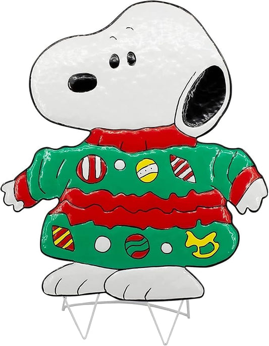 Peanuts Gang Around The Tree Christmas Yard Art Outdoor Christmas Decor Hammered Metal (24'' Snoopy in Ugly Christmas Sweater), 18'' wide x 32'' high