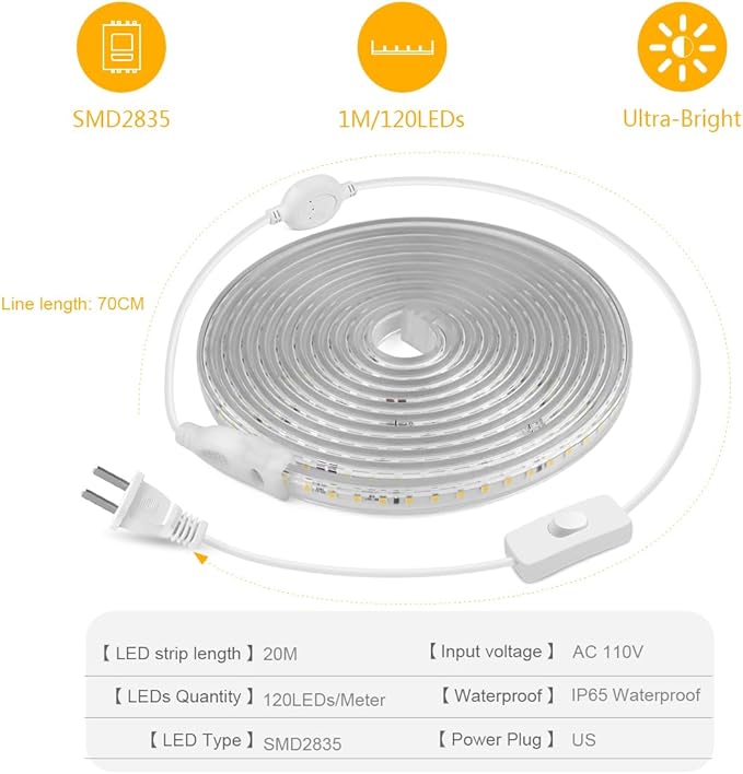 Outdoor LED Strip Lights,AC110V 65.6FT/20M LED Light Strip,IP65 Waterproof 3500K Flexible LED Rope Lights for Patio Backyard Garden Kitchen Lighting(65.6FT, Warm White)