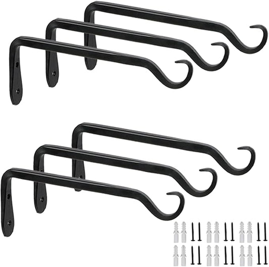 Worth Garden 6-Pack 7" Plant Hanger Bracket - Forged Wrought Iron Powder-Coated Heavy Duty Wall Hook - Black Plant Hanging Hooks - Durable and Stable for Bird Feeders, Planters Indoor & Outdoor