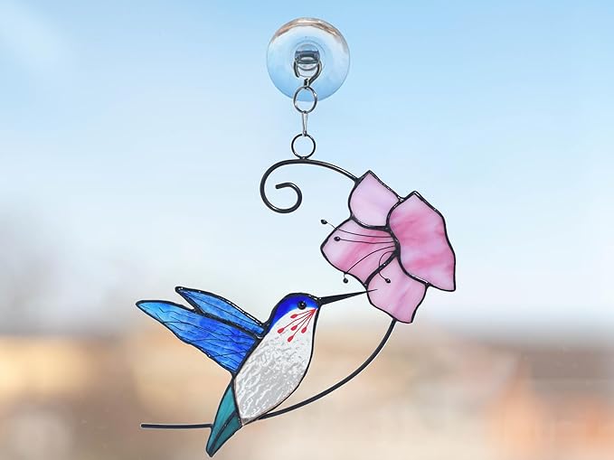 Lolitarcrafts Hummingbird with Flower Stained Glass Suncatcher Bird Stained Glass Window Hangings Hummingbird Gift for Home Decor (Blue with Flower)