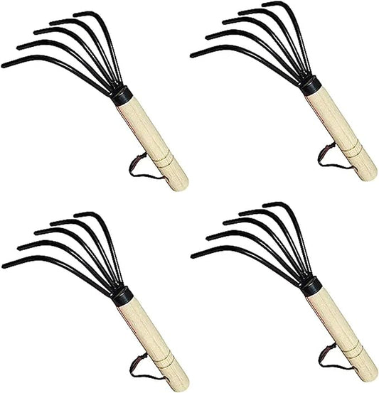 Garden Guru Hand Rake Cultivator Claw Soil Tiller - Military Grade Steel - Rust Resistant - 5 Tine Japanese Ninja Claw - Comfortable Wood Handle - Perfect Pulverized and Aerated Soil (4 Pack)