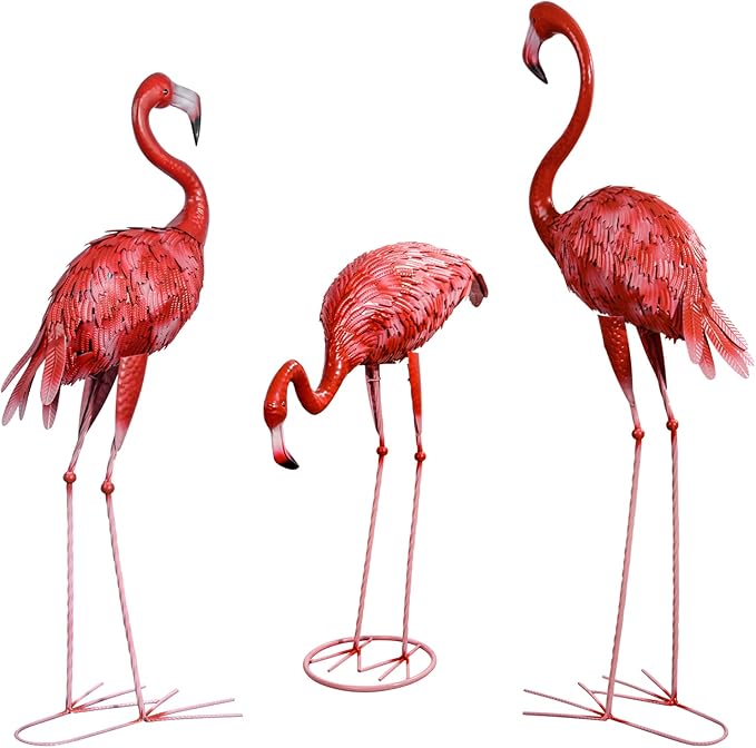 XONOR Metal Flamingo Garden Statues Large Red Flamingo Yard Art Outdoor Sculptures for Home Patio Lawn Backyard Décor, Set of 3