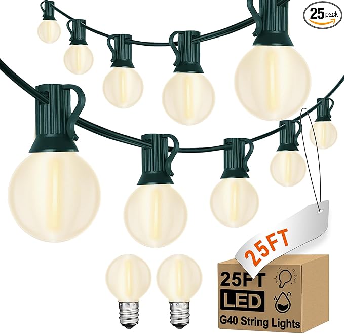25ft Outdoor Christmas LED String Lights,G40 Frosted White Globe Lights with 27pcs Plastic Bulbs,Round Bulb Christmas Lights for Indoor/Outdoor Wedding Backyard Cafe Garden Christmas Decor