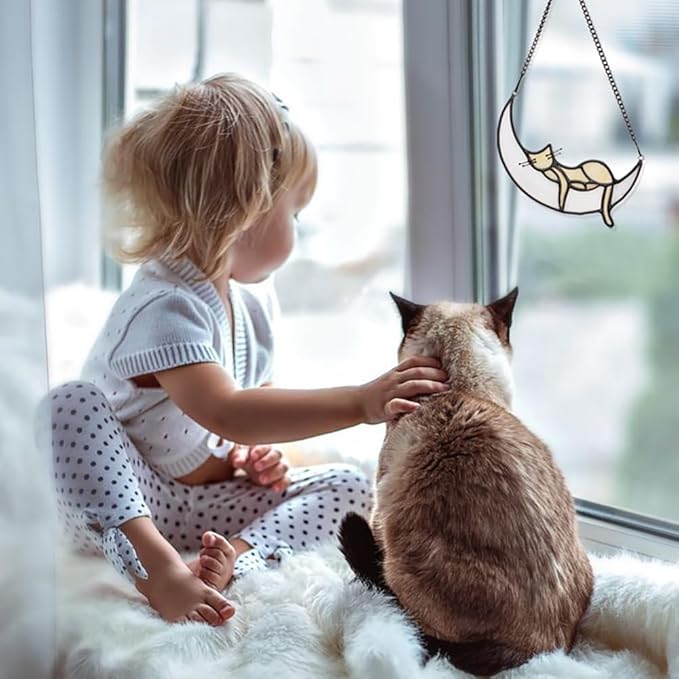 Yellow Cat Decor On Blue Moon Stained Glass for Window, Crystals Suncatchers for Window Ball Prism Rainbow Maker Chain Easy Hanging 2 Balls and 1White Gift Boxes for Cat Lovers Halloween Decor