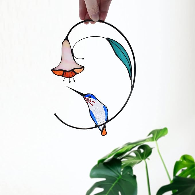 Lolitarcrafts Hummingbird with Flower Stained Glass Suncatcher Bird Stained Glass Window Hangings Hummingbird Gift for Home Decor (Blue)