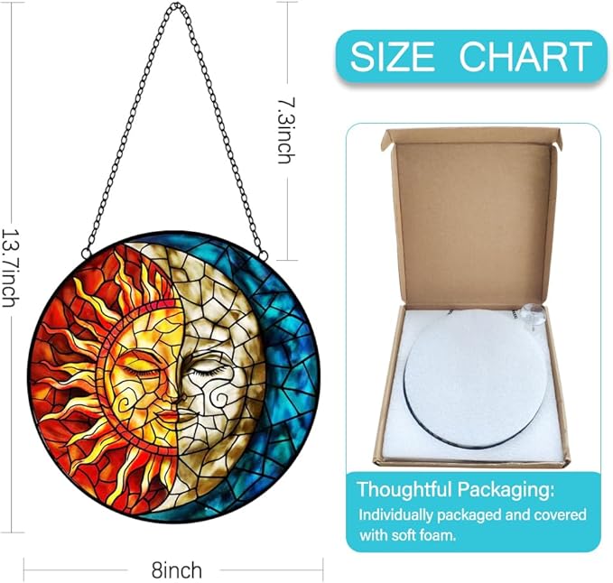 Sun and Moon Stained Glass Suncatchers for Windows Hanging - Celestial Decor Sun Catchers Valentines Day Gifts for Him Her - Handmade Wall Art Home Garden Stain Glass Window Suncatcher with Hooks