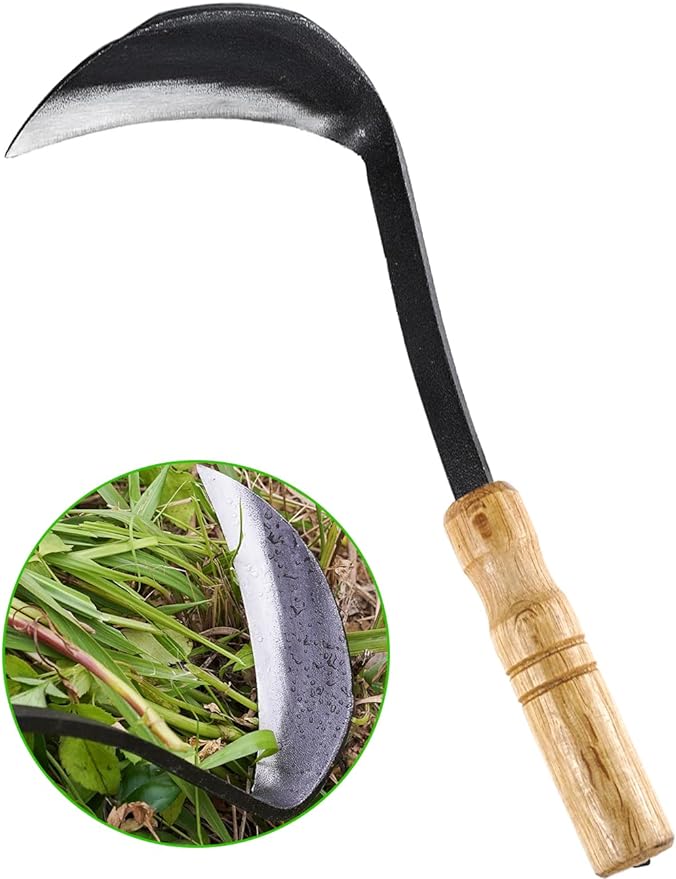 TOYPOPOR Japanese Weeding Sickle Hoe, 11" Gardening Hand Weeder Nejiri Kama Blade Tool Digging Cutting Weed Remover, High-Carbon Steel One-Piece Molding with Wood Handle, Very Sharp Edge Quick Work