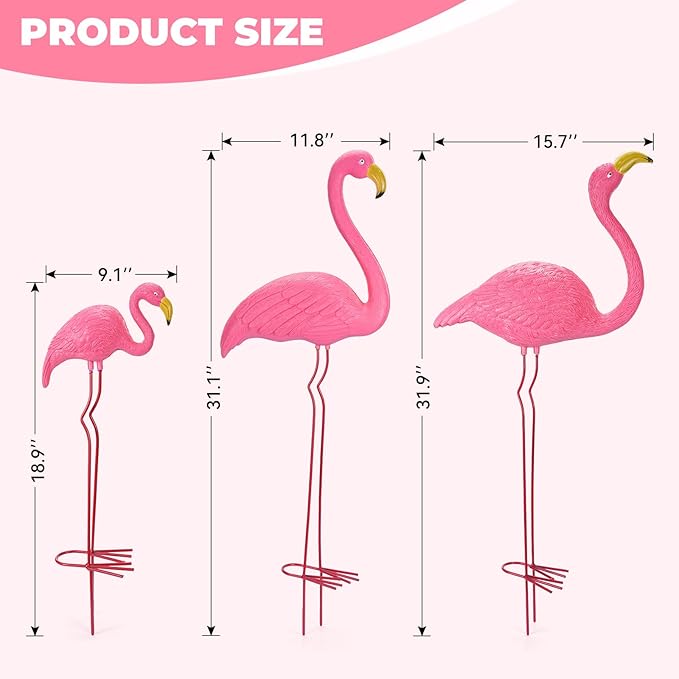 Ohuhu Family Flamingo Yard Ornaments, Set of 3 (32", 31", 19") Bright Pink Flamingos Ornaments with Metal Feet Stakes for Garden Yard Patio Party Decoration, Outdoor Decor Gardening