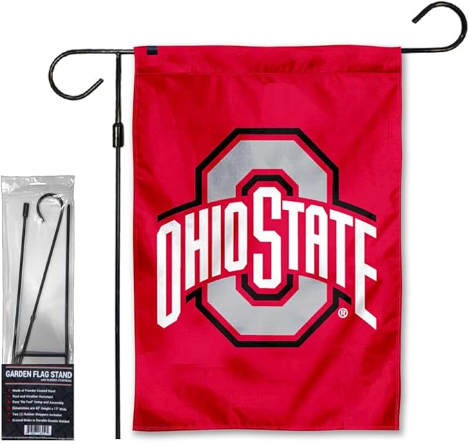 College Flags & Banners Co. Ohio State Buckeyes Red Garden Banner Flag with Flag Pole Stand Set