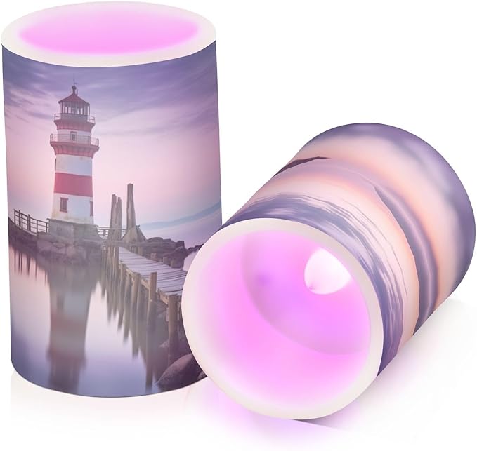 Lighthouse Flameless Candles with Remote Control and Timer, Adjustable Brightness Long Lasting Battery Operated LED Pillar Candles for Indoor Outdoor Party Home Decor, 2 Pack