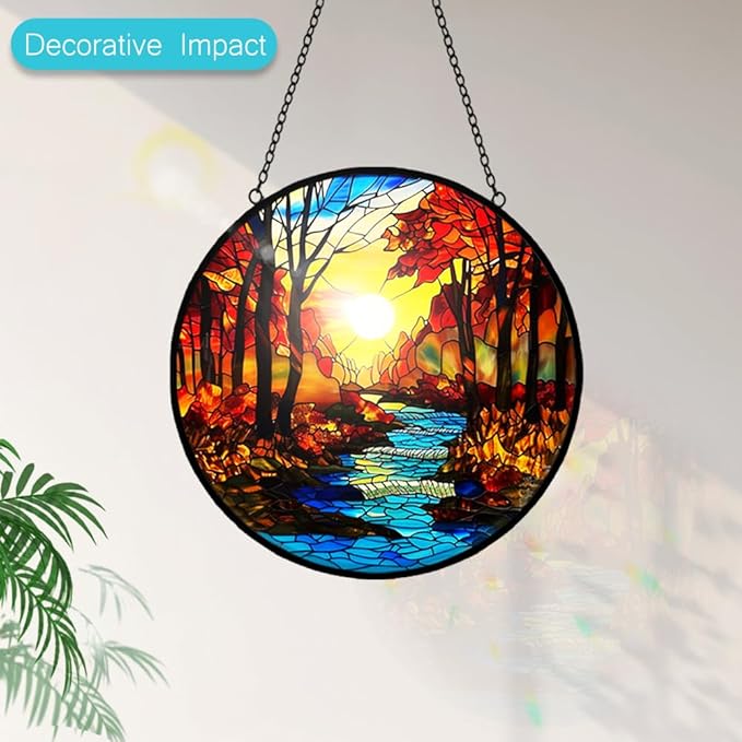 Sunrise Tree and River Landscape Stained Glass Suncatcher for Window Hanging - Sunrise Painting Sun Catcher Window Ornaments with Metal Chain and Hook - Decor Gift for Mom Wife Husband Nature Lovers