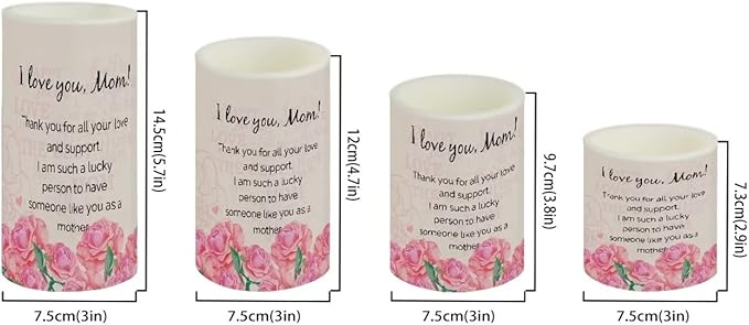Mother's Day Flameless LED Battery Candles 4PCS Pillar Candles with 18-Key Timer Remote Colorful Light for Party Ornaments, I Love You Mom, Letter to Mother with Rose Print Candles Decor