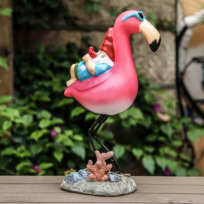 Gnome Garden Statue Funny Gnome Reclining on Flamingo Dwarf Figurines Resin Garden Gnomes Fall Decorations Outdoor for Patio Yard Lawn Porch Housewarming Ornament Gift