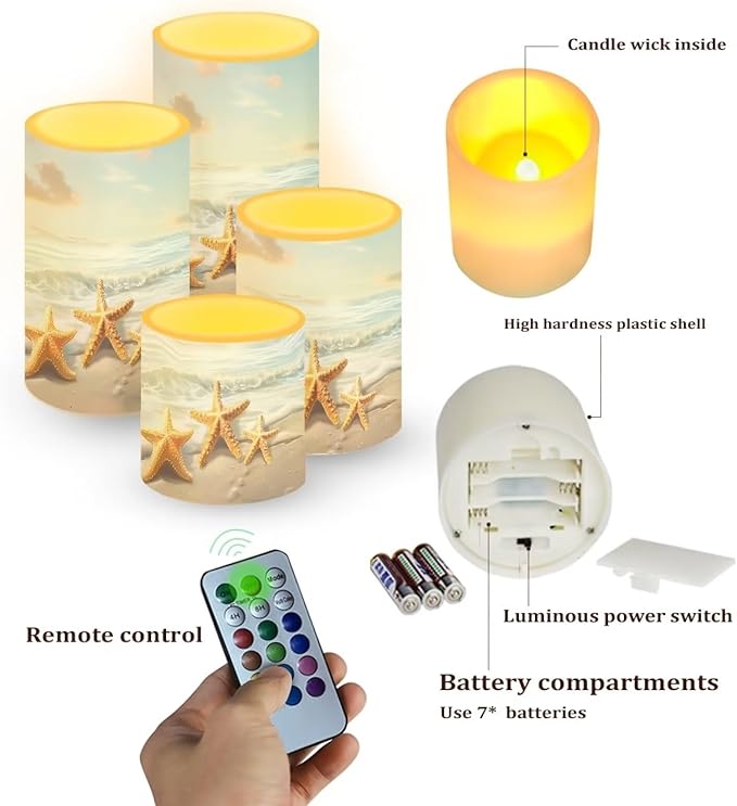Flameless LED Candle Electric Pillar Candle with Remote Timer Color Changing Control Long Lasting Pack of 4 for Tabletop Coastal Home Indoor Decoration, Beach Gold Starfish