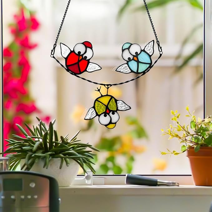 Owl Stained Glass Bird Suncatcher for Window,Best Bird Gifts for Bird Lovers Women,Stained Glass Bird Window Hangings,Best Teacher Gifts,Birthday Gifts,Housewarming Gifts