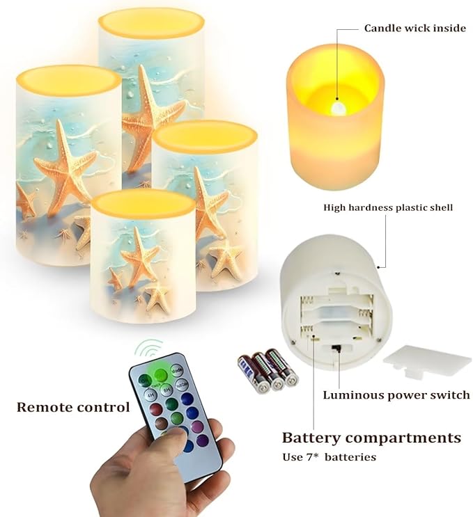 Flameless Candles Battery Powered LED Pillar Candle Tealights with Remote Timer Color Changing Control for Indoor Outdoor Coastal Home Decor Set of 4, Beach Starfish Blue