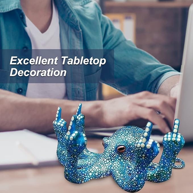 Middle Finger Octopus，Middle Finger Statue，Weird Decor Suitable for Indoor and Outdoor Garden Home Various Fish Tank Decoration (Blue)