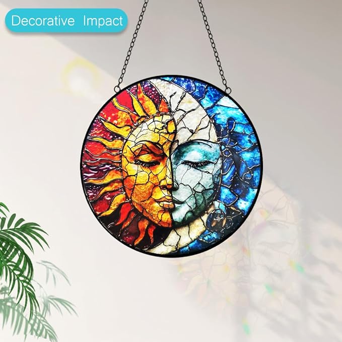 Sun and Moon Decor Stained Glass Window Hanging Suncatchers - Sun Catchers Indoor Window Christmas Decorations - Stained Glass Suncatcher with Hooks and Chain - Celestial Decor Gift for Men Women