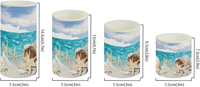 LED Flickering Candles Battery Operated Candles Set of 4 with Remote Control Timer Dancing Flame Pillar Candles Home Table Coastal Decoration, Beach Sky with Starfish