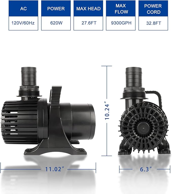Outdoor Large 9300gph-620W 32.8FT Pond Water-fall & Kio Fish Fountain-s &Garden Pump Submersible IPX8: Long 32.8FT Cord Smart-er & Quieter Duck & Yard &Patio Ponds Pumps, 1 Barrier Pump Bag