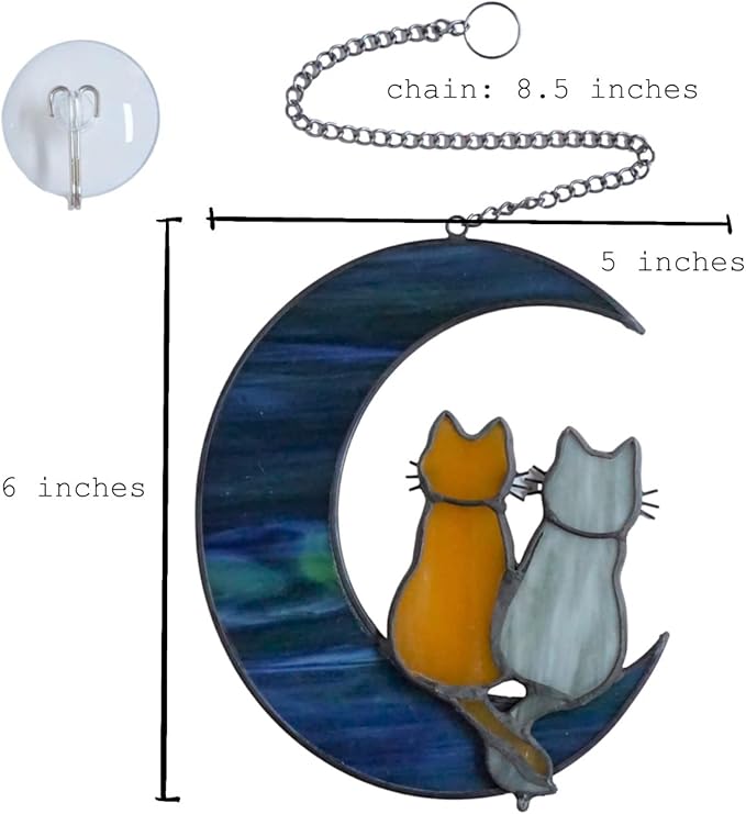 Cat Stained Glass Suncatcher – Cat on Moon Real Glass Window Hanging – Unique Modern Design Wall Art for Home or Garden Décor – Perfect Cat Lover Gift