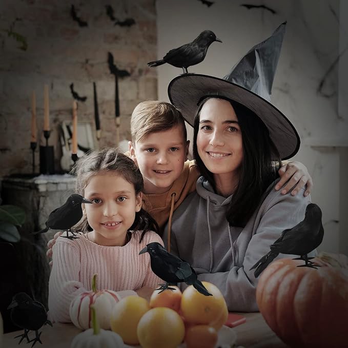 ZODIFEVI 6 Pack Realistic Crows, Real Touch Black Feathered Crows, Halloween Decorations,Artificial Handmade Feathered Raven, Halloween Party Decor Prop Outdoors and Indoors Decoration