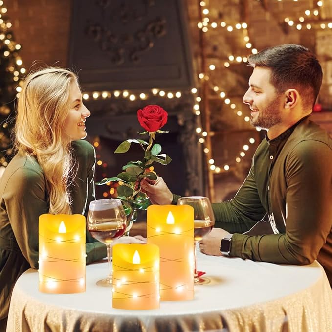 Flameless Flickering Candle, Pillar Candle,with Embedded String Lights,3 Pack LED Romantic Candle with Remote Control, Battery Operated Real Wax, Ideal for Wedding, Home decorand Holiday (Ivory)