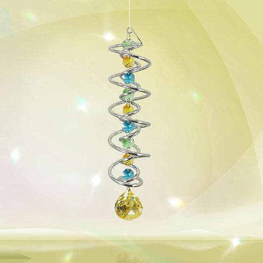 FONMY Gazing Ball Spiral Tail -Decorative Wind Spinner Sun Catcher Rainbow Maker Double-Spiral W/Golden Crystal Ball and Chain Crystals for Indoor Outdoor Garden Decoration -14 inch Height