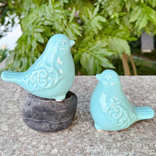 2PCS Ceramic Bird Figurines Decorative Bird Ornaments Statue for Home Garden Decor (Blue)