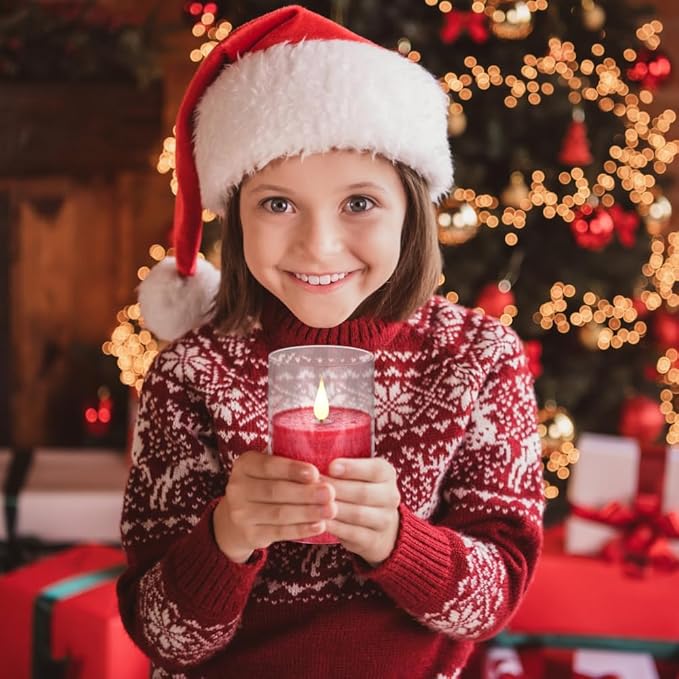 Flameless Flickering Remote Control Candle, Glass Pillar Candle,3 Pack (D:3"×H:4" 5" 6") LED 3D Flame Romantic Candle,Battery Operated Real Wax, Ideal for Wedding, Home Decor Holiday (Red)